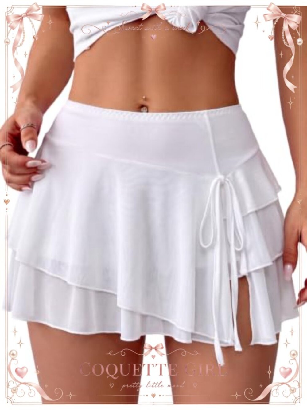 Mesh Mini Skirt Built-in Shorts Side Slit Ruffle Tiered Y2K Skort